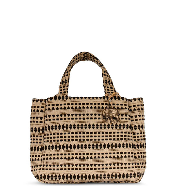 Jacquard Tote Bag von Anokhi in Schwarz und Beige mit zwei Henkeln einem abnehmbaren größenverstellbaren 
Schultergurt drei Fächern einem Magnetverschluss für das mittlere Hauptfach 