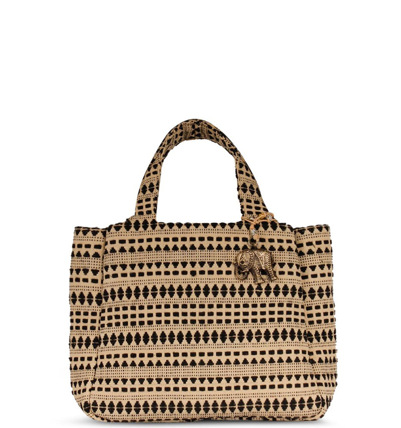 Jacquard Tote Bag von Anokhi in Schwarz und Beige mit zwei Henkeln einem abnehmbaren größenverstellbaren 
Schultergurt drei Fächern einem Magnetverschluss für das mittlere Hauptfach 