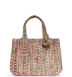 Elegante Jacquard Tote Bag von Anokhi in zarten Pastellfarben mit zwei Henkeln drei geräumigen Fächern und einem goldfarbenen Elefanten-Anhänger stilvolle und nachhaltige Handtasche