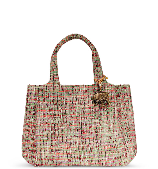 Elegante Jacquard Tote Bag von Anokhi in zarten Pastellfarben mit zwei Henkeln drei geräumigen Fächern und einem goldfarbenen Elefanten-Anhänger stilvolle und nachhaltige Handtasche