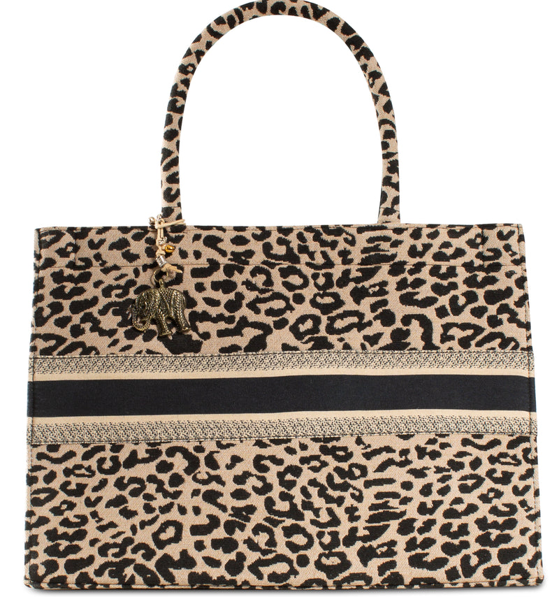 Anokhi Book Tote Tasche Beige Animal Print groß und geräumig mit Magnetverschluss zwei Tragehenkel und Innentasche mit Reißverschluss