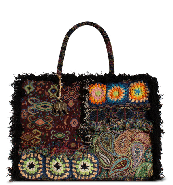 Book Tote large von Anokhi aus gewebtem Textil mit Patchwork und Fransen