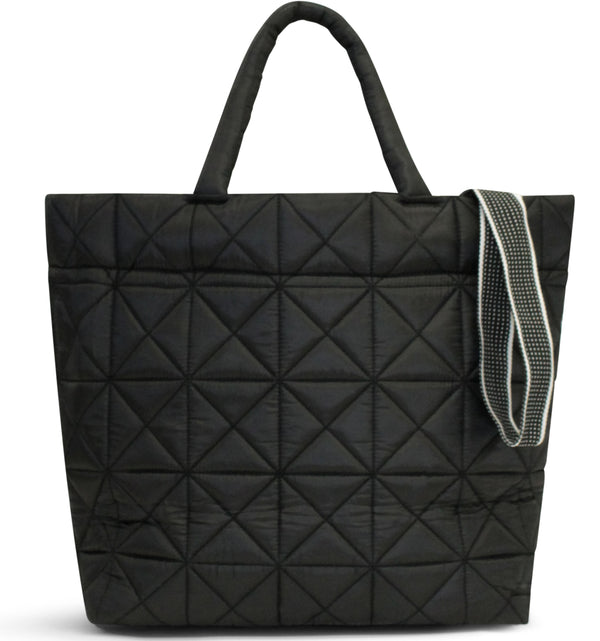 Großer gesteppt Nylon Shopper in Schwarz zwei Tragehenkel zwei Schultergurte mit Innentaschen und abnehmbarem Labelanhänger