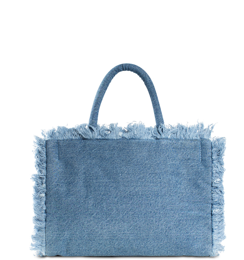 Jeans Shopper in Book Tote Form mit Fransen aus Denim