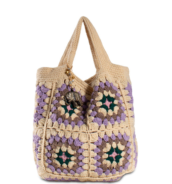 Häkeltasche Patchworktasche Damenhandtasche aus Textil in Cremefarben