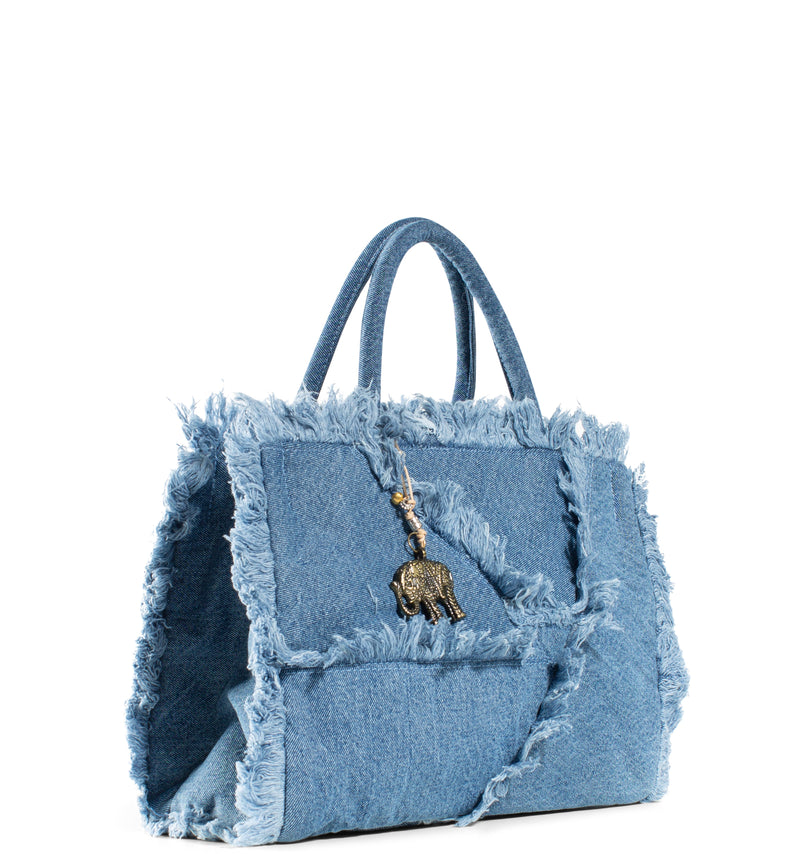 Jeans Shopper in Book Tote Form mit Fransen aus Denim