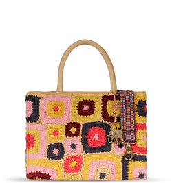 "Bunte Patchwork-Tasche mit Retro-Muster und breitem Riemen von Anokhi"