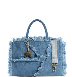 Jeans Shopper in Book Tote Form aus Denim mit Fransen mittlere Größe zwei Henkel abnehmbarer Schultergurt praktische Innentaschen
