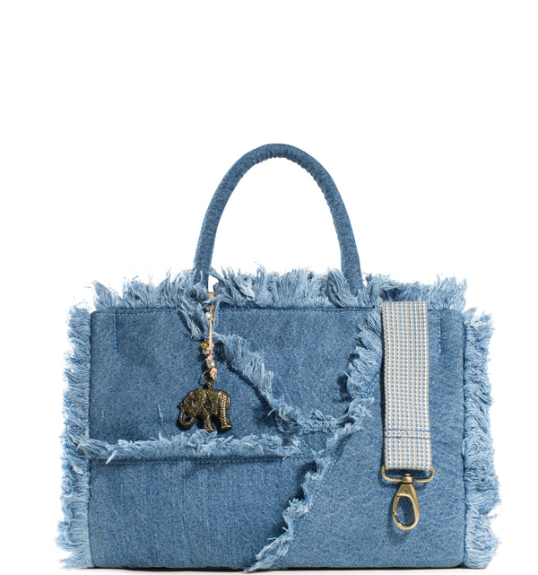 Jeans Shopper in Book Tote Form aus Denim mit Fransen mittlere Größe zwei Henkel abnehmbarer Schultergurt praktische Innentaschen