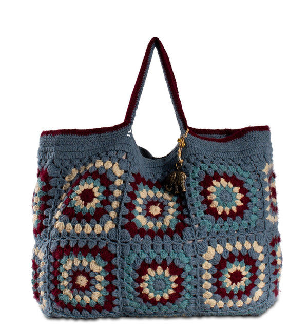 Häkeltasche Patchworktasche Damenhandtasche aus Textil in Blau