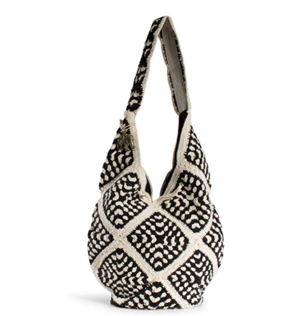 Häkelbeutel Hippiebag Damenhandtasche aus Textil in Scwarz Weiss