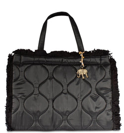 Schwarze Nylon Handtasche gesteppt mit Fransenapplikation geräumige Damen Tragetasche vielseitig als Book Tote Einkaufstasche oder Büchertasche verwendbar