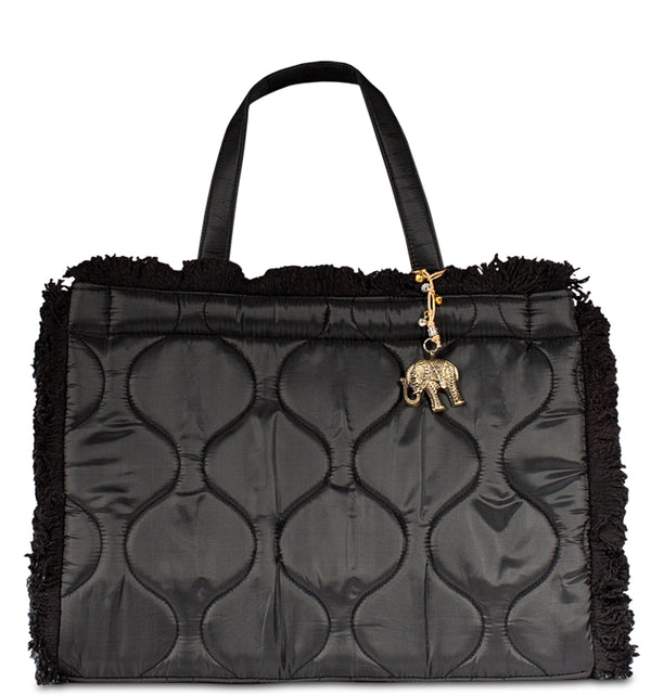 Schwarze Nylon Handtasche gesteppt mit Fransenapplikation geräumige Damen Tragetasche vielseitig als Book Tote Einkaufstasche oder Büchertasche verwendbar
