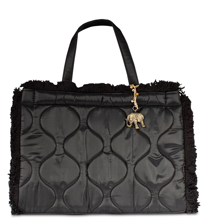 Schwarze Nylon Handtasche gesteppt mit Fransenapplikation geräumige Damen Tragetasche vielseitig als Book Tote Einkaufstasche oder Büchertasche verwendbar