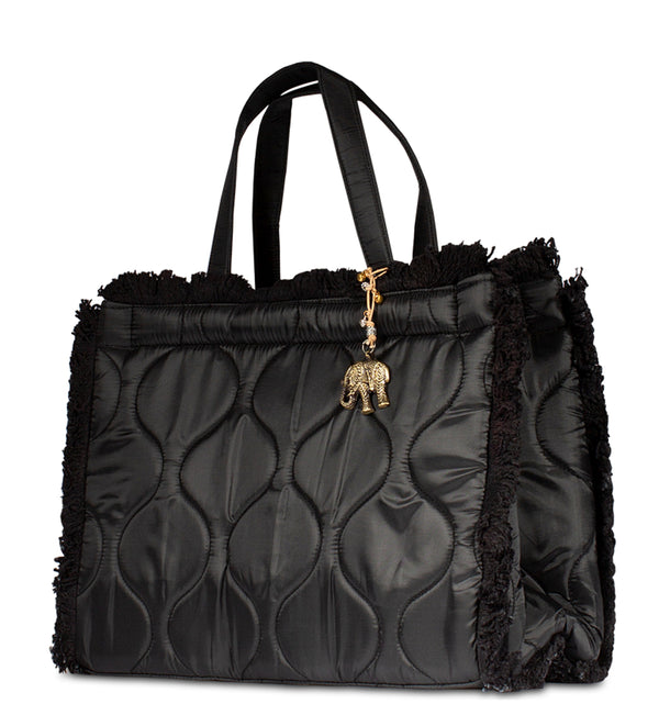 Schwarze Nylon Handtasche Gesteppt Geräumig mit Fransen und Magnetverschluss