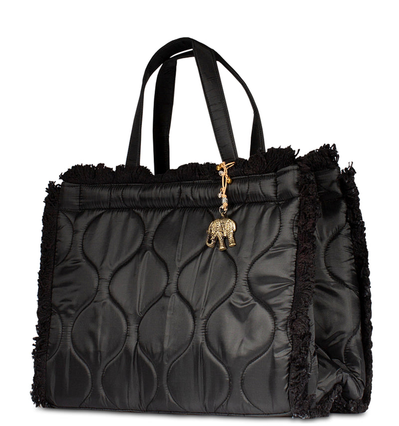 Schwarze Nylon Handtasche Gesteppt Geräumig mit Fransen und Magnetverschluss