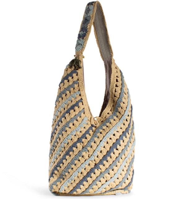 Häkelbeutel Hippiebag Damenhandtasche aus Textilüberwiegend Baumwolle in Beige Blau  Grau