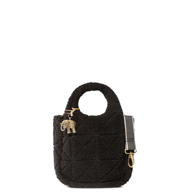 Schwarze Mini-Handtasche aus Kunstfell und Textil mit Henkel und abnehmbarem Schultergurt
