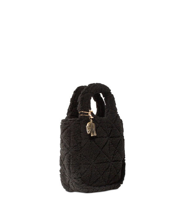 Schwarze Mini-Handtasche aus Kunstfell und Textil mit Henkel und abnehmbarem Schultergurt