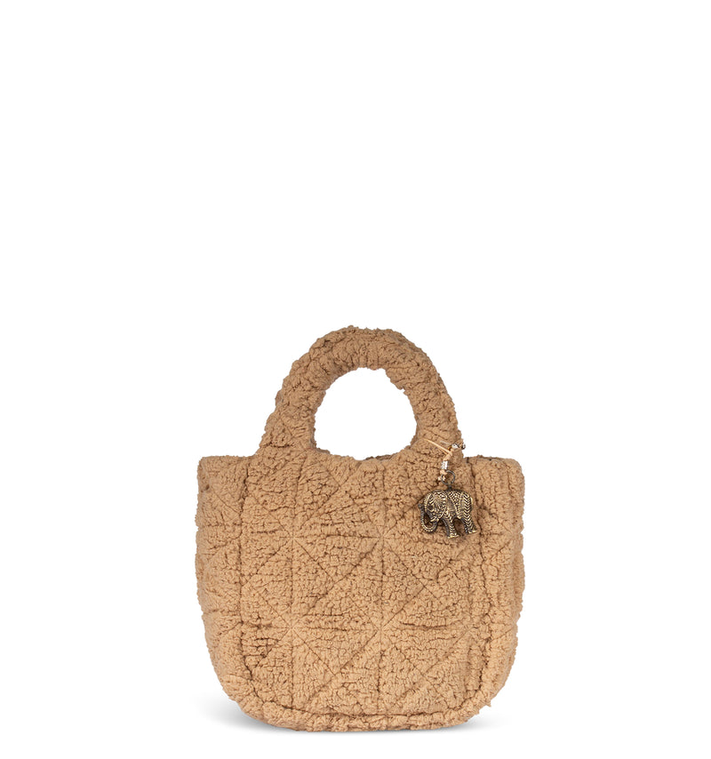 Beige Mini-Handtasche aus Kunstfell und Textil mit Henkel und abnehmbarem Schultergurt