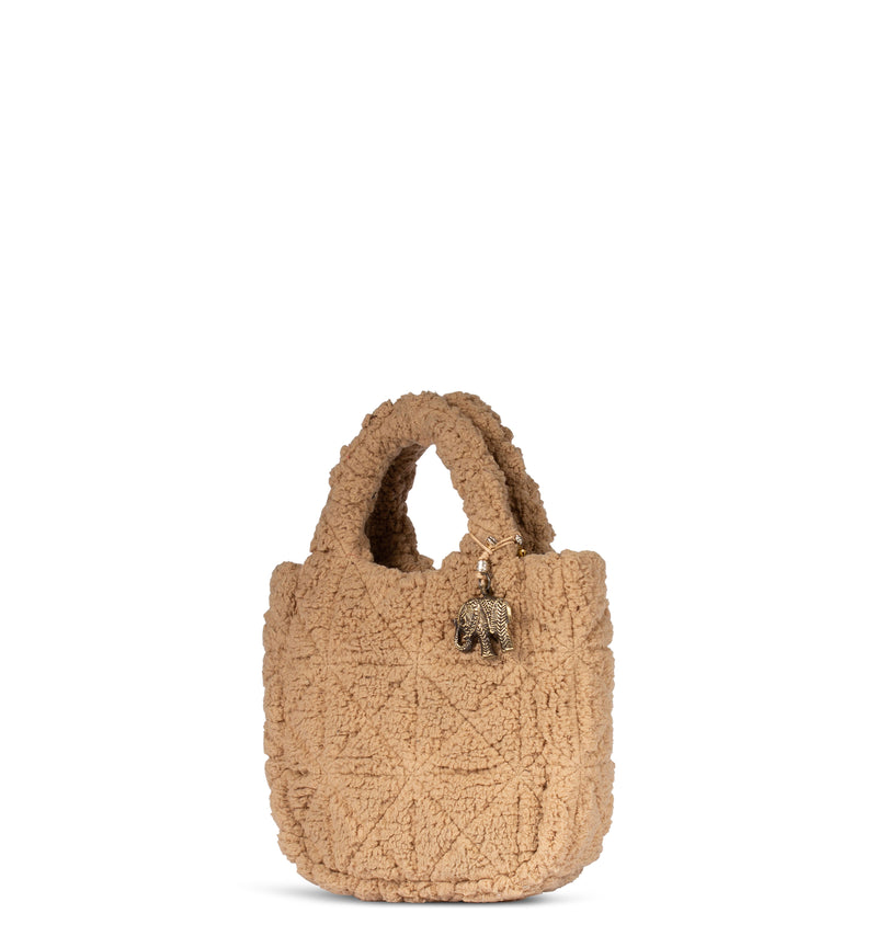 Beige Mini Handtasche aus Kunstfell und Textil mit Henkel und abnehmbarem Schultergurt