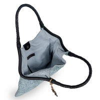 Beuteltasche aus Bast Handarbeit grau Lederhenkel – 5