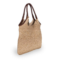 Beuteltasche aus Bast Handarbeit natur Lederhenkel – 2