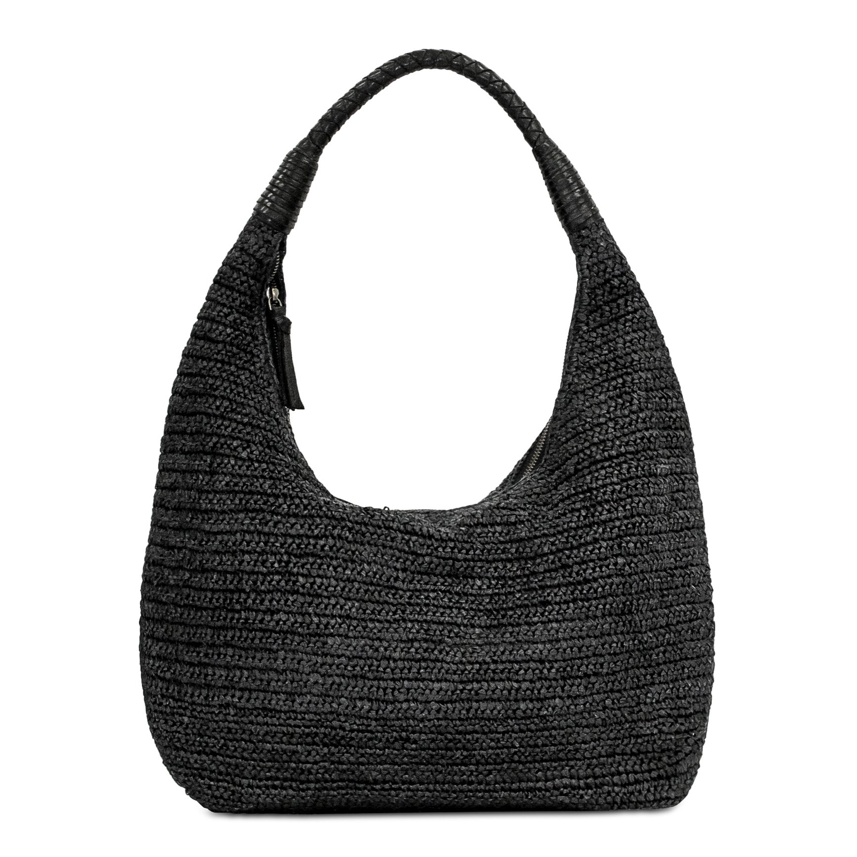 Beuteltasche aus Bast Handarbeit schwarz Lederhenkel