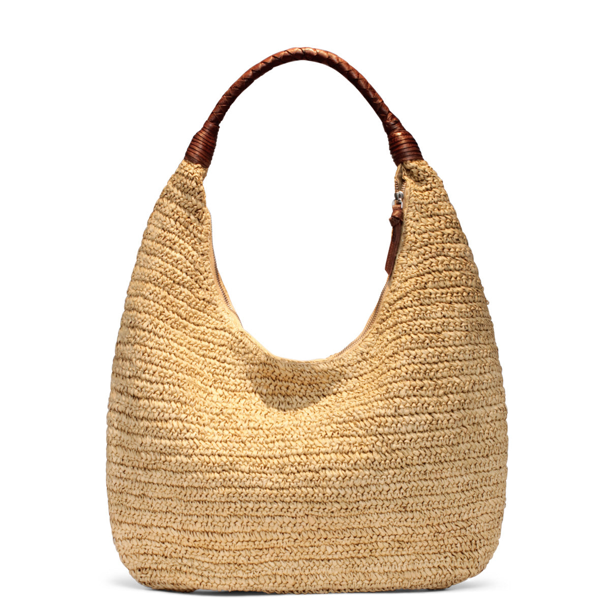 Beuteltasche aus Bast Handarbeit natur Lederhenkel