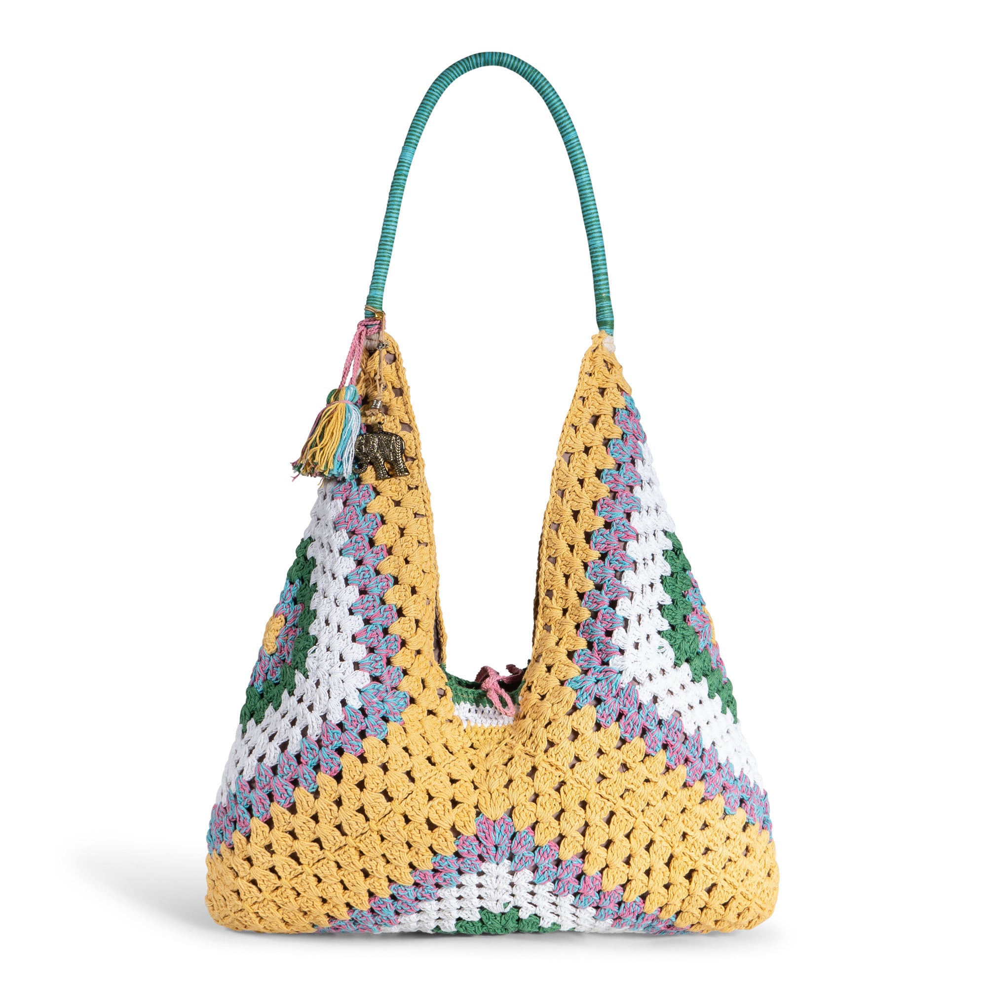 Hippie Bag Beuteltasche gehäkelt Handarbeit gelb multicolor