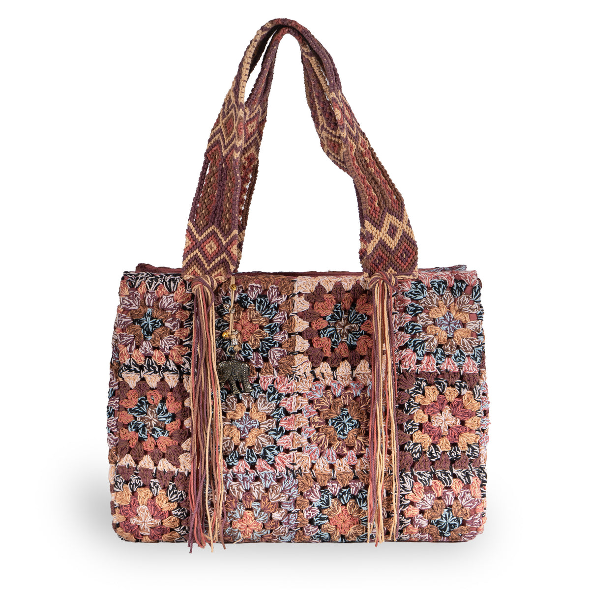 Tote Bag gehäkelt Fransen multicolor rotbraun