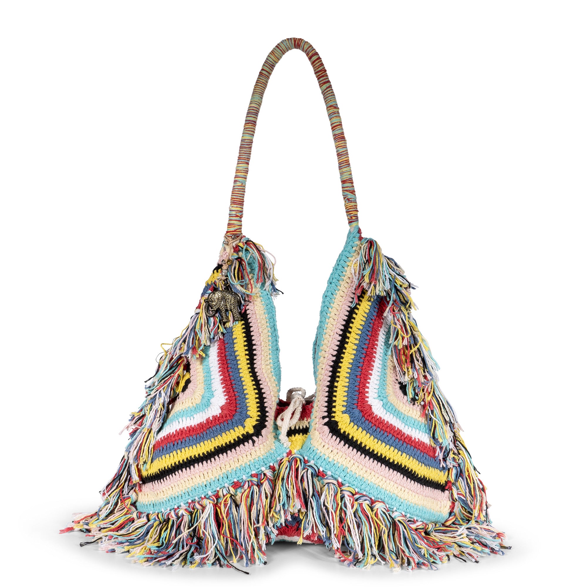 Hippie Bag Beuteltasche gehäkelt Handarbeit multicolor Fransen