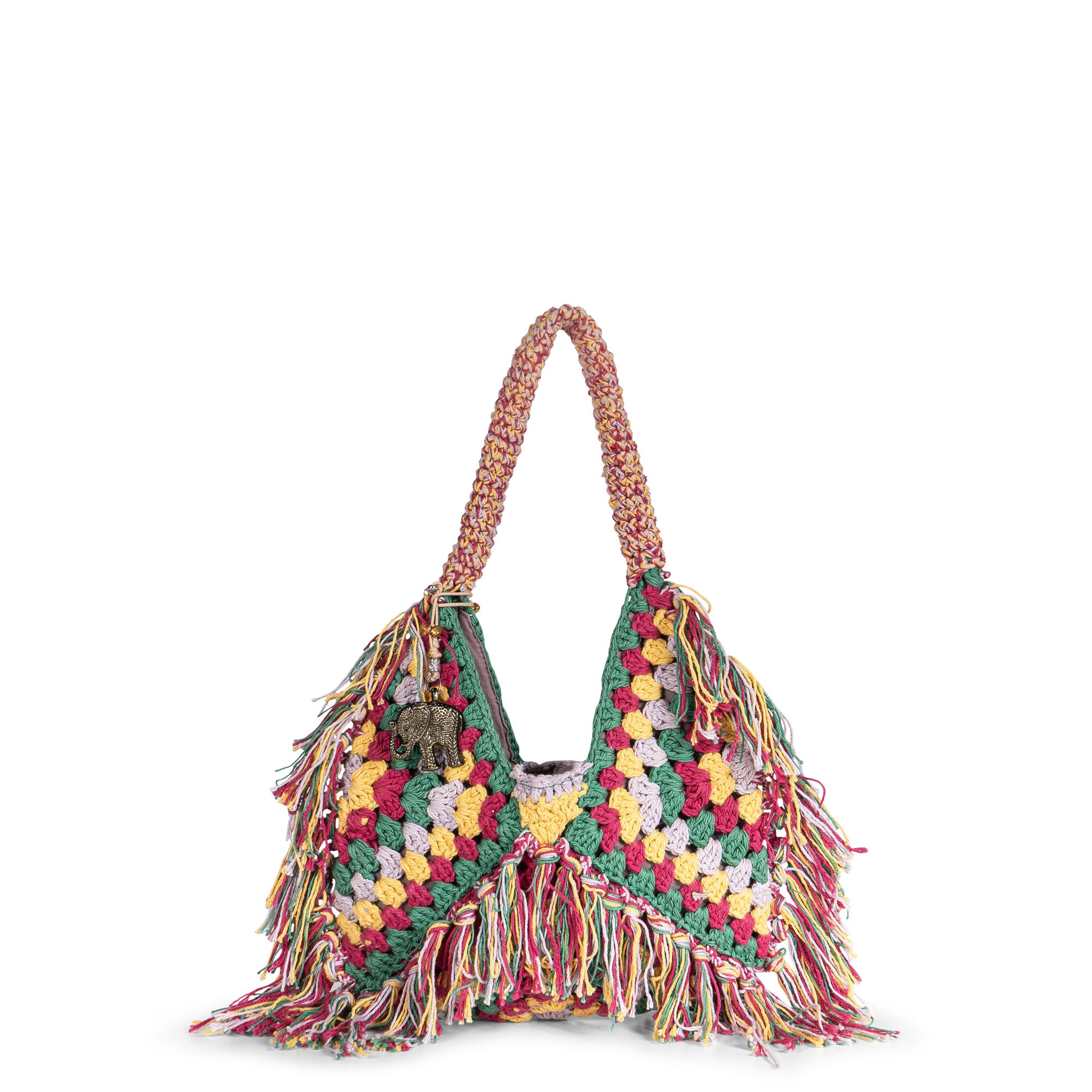 Hippie Bag Beuteltasche klein gehäkelt Handarbeit multicolor Fransen