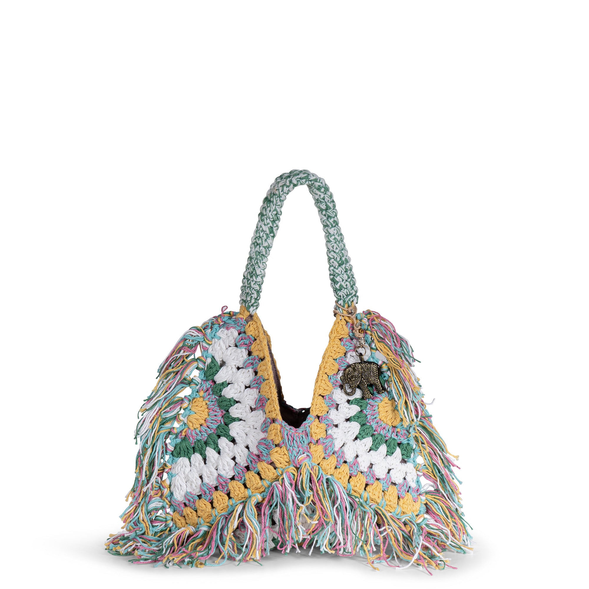 Hippie Bag Beuteltasche klein gehäkelt Handarbeit gelb multicolor Fransen