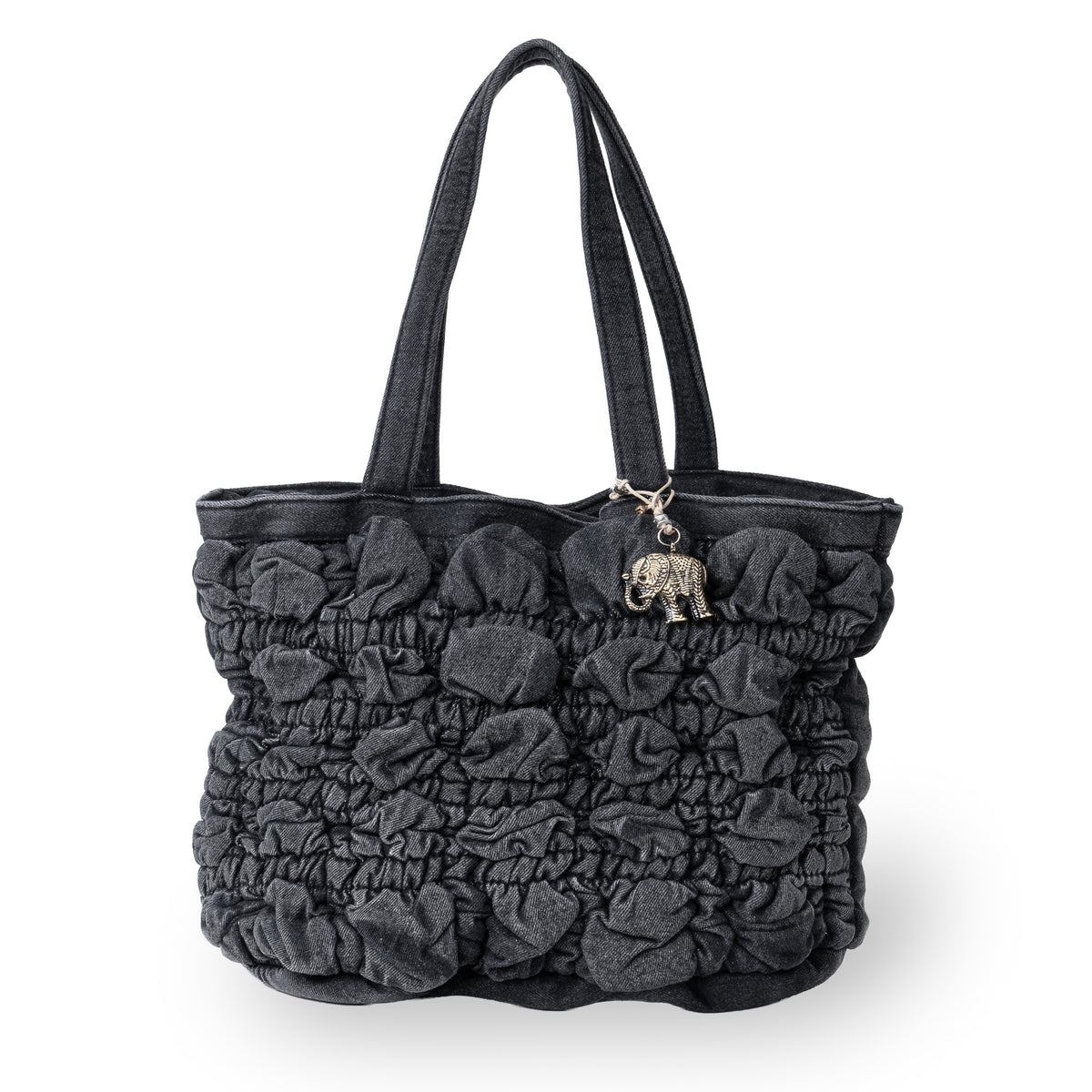 Borsa a spalla Macy in denim grigio con motivo bubble
