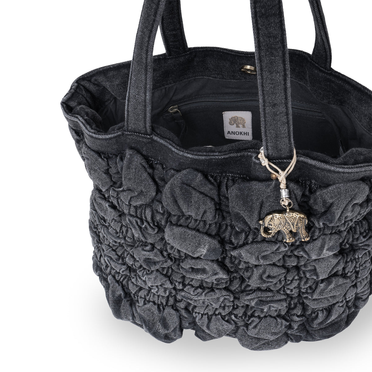 Borsa a spalla Macy in denim grigio con motivo bubble