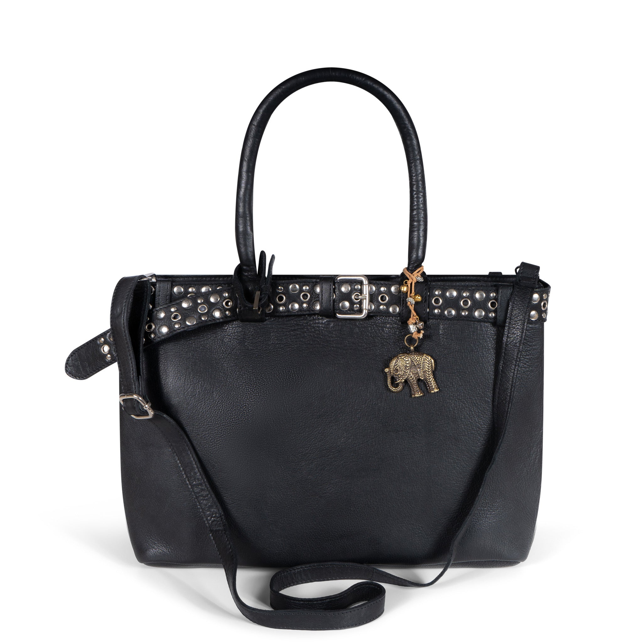 Tote Bag Leder schwarz Nieten