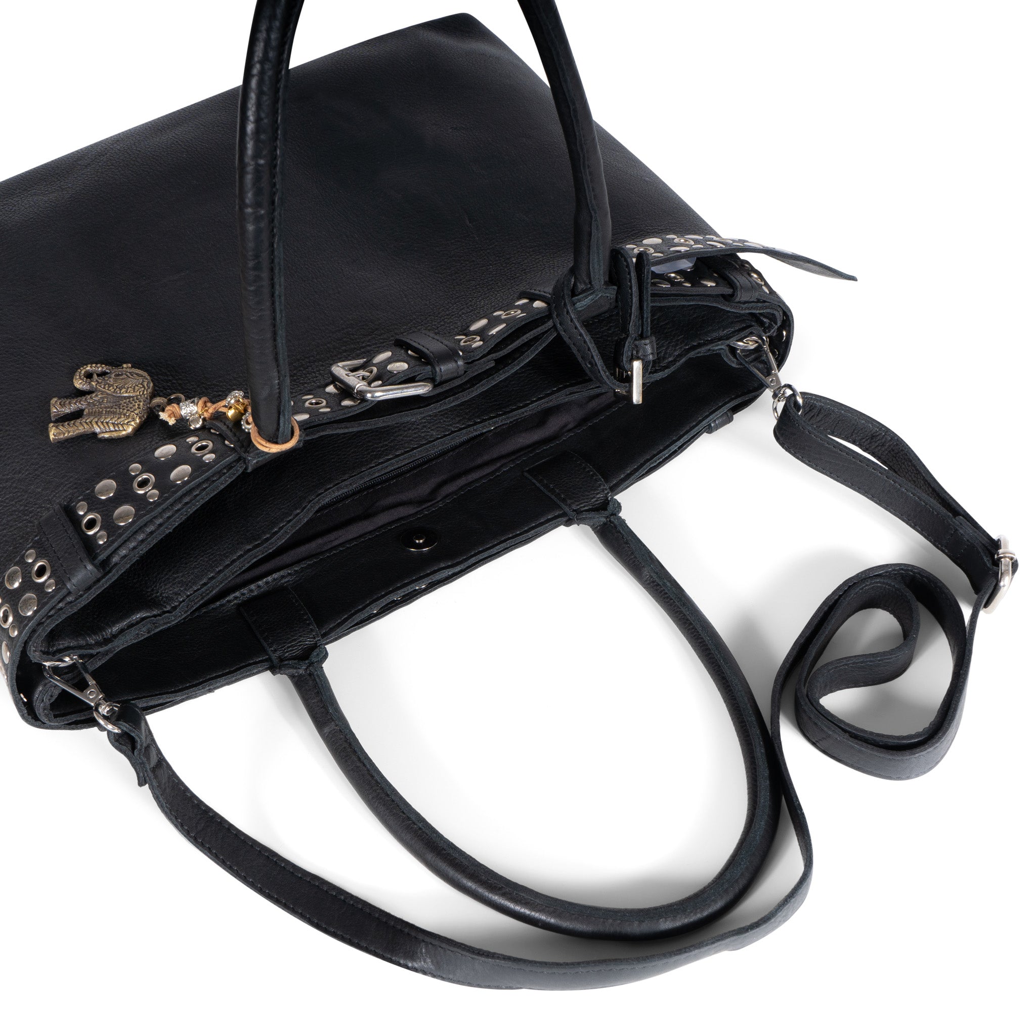Tote Bag Leder schwarz Nieten