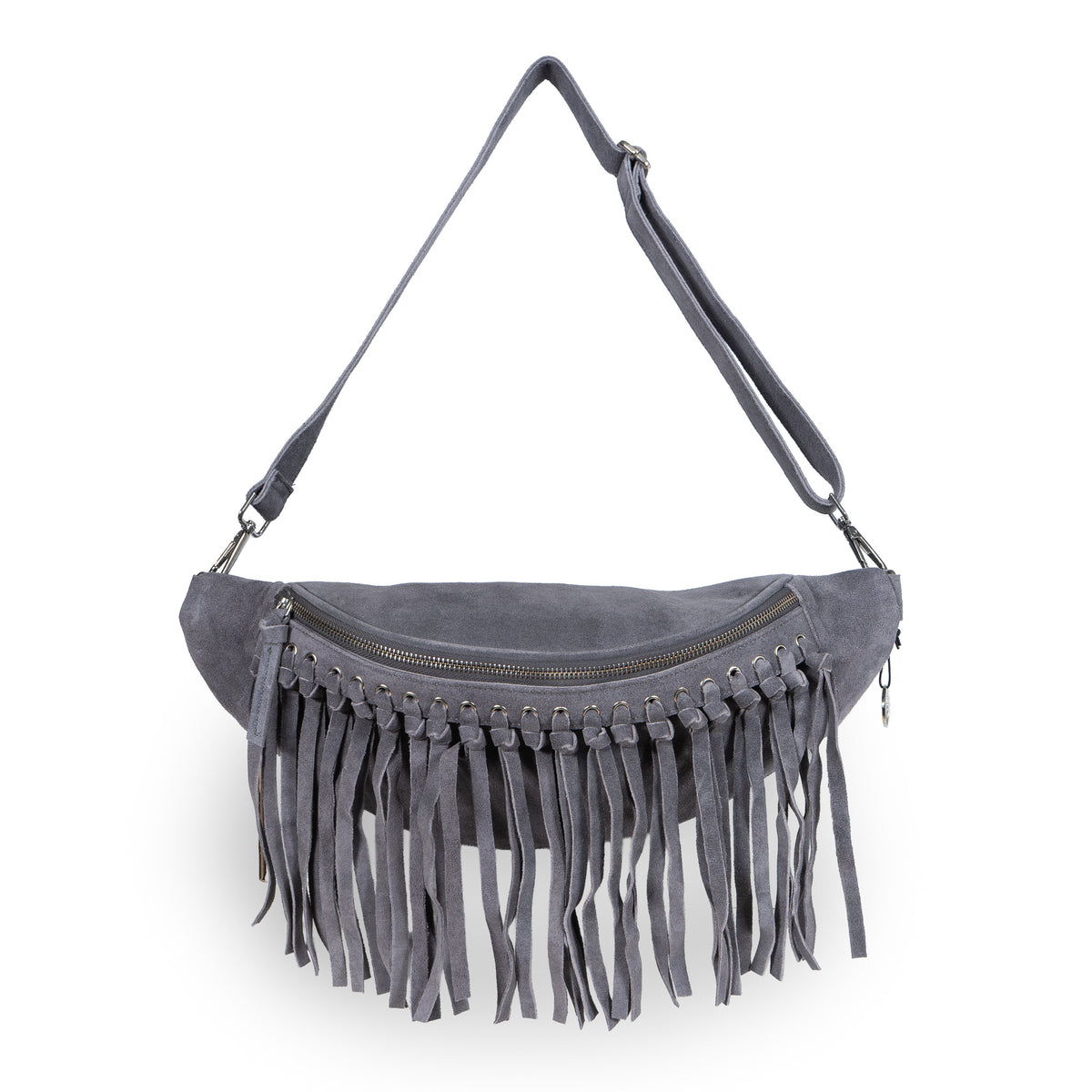 Große Belt Bag Velourleder Fransen grau