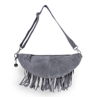 Große Belt Bag Velourleder Fransen grau