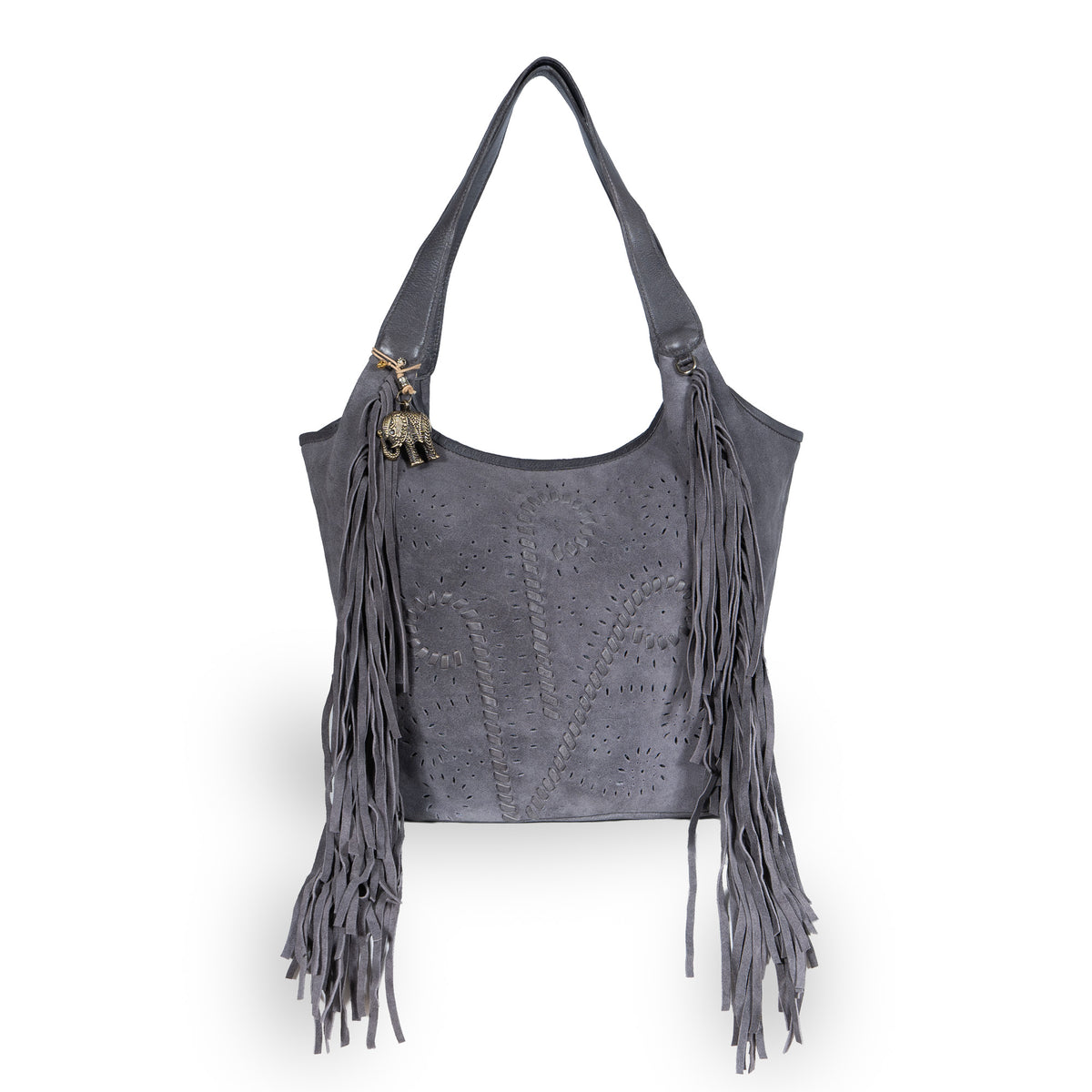 Hobo Bag Velourleder Fransen grau