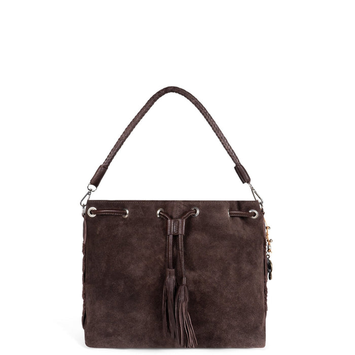 Beutel Handtasche Makramee Velourleder braun - ANOKHI