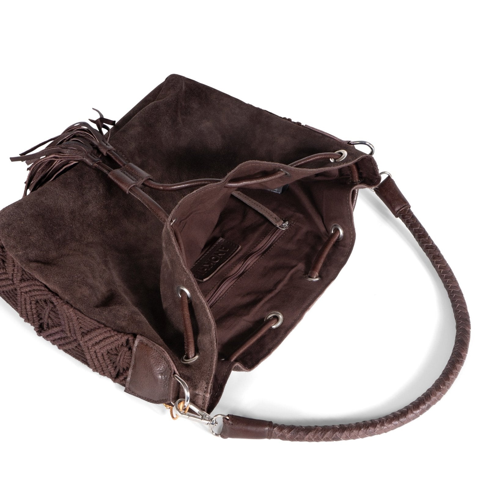 Beutel Handtasche Makramee Velourleder braun - ANOKHI