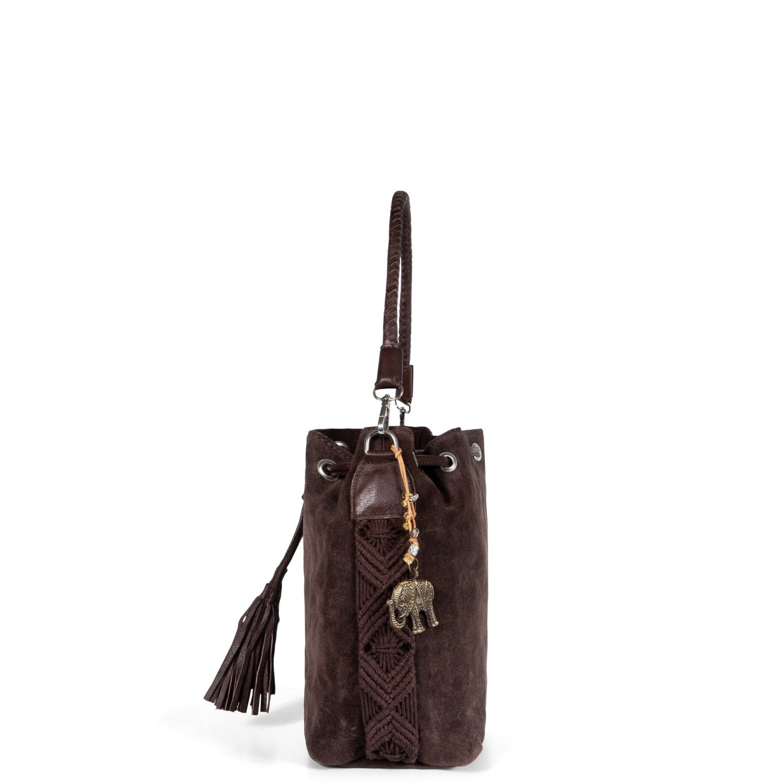 Beutel Handtasche Makramee Velourleder braun - ANOKHI