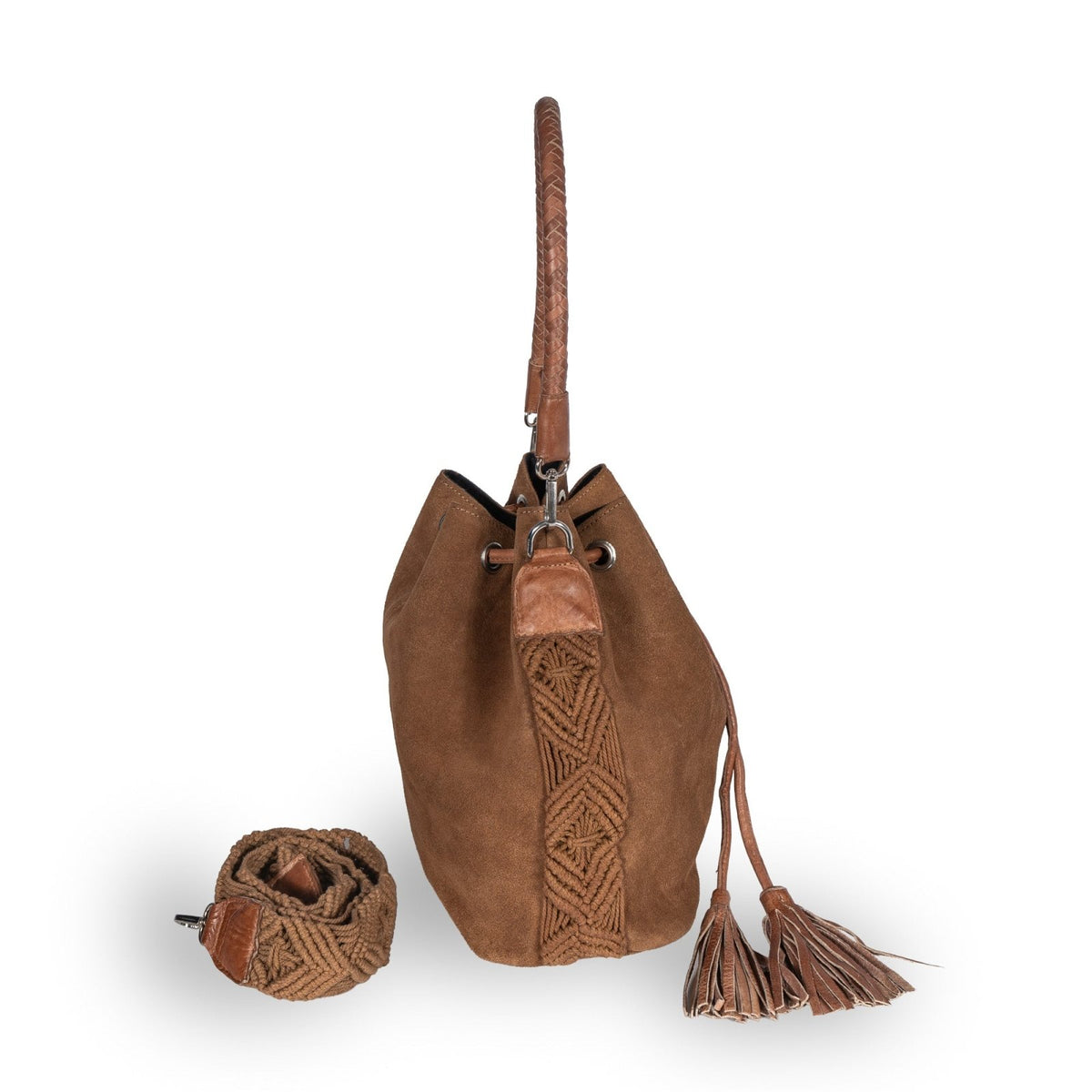 Beutel Handtasche Makramee Velourleder cognac - ANOKHI