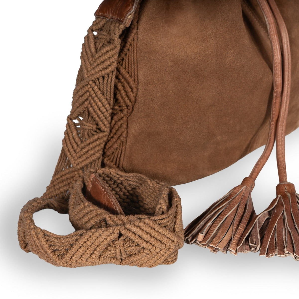 Beutel Handtasche Makramee Velourleder cognac - ANOKHI