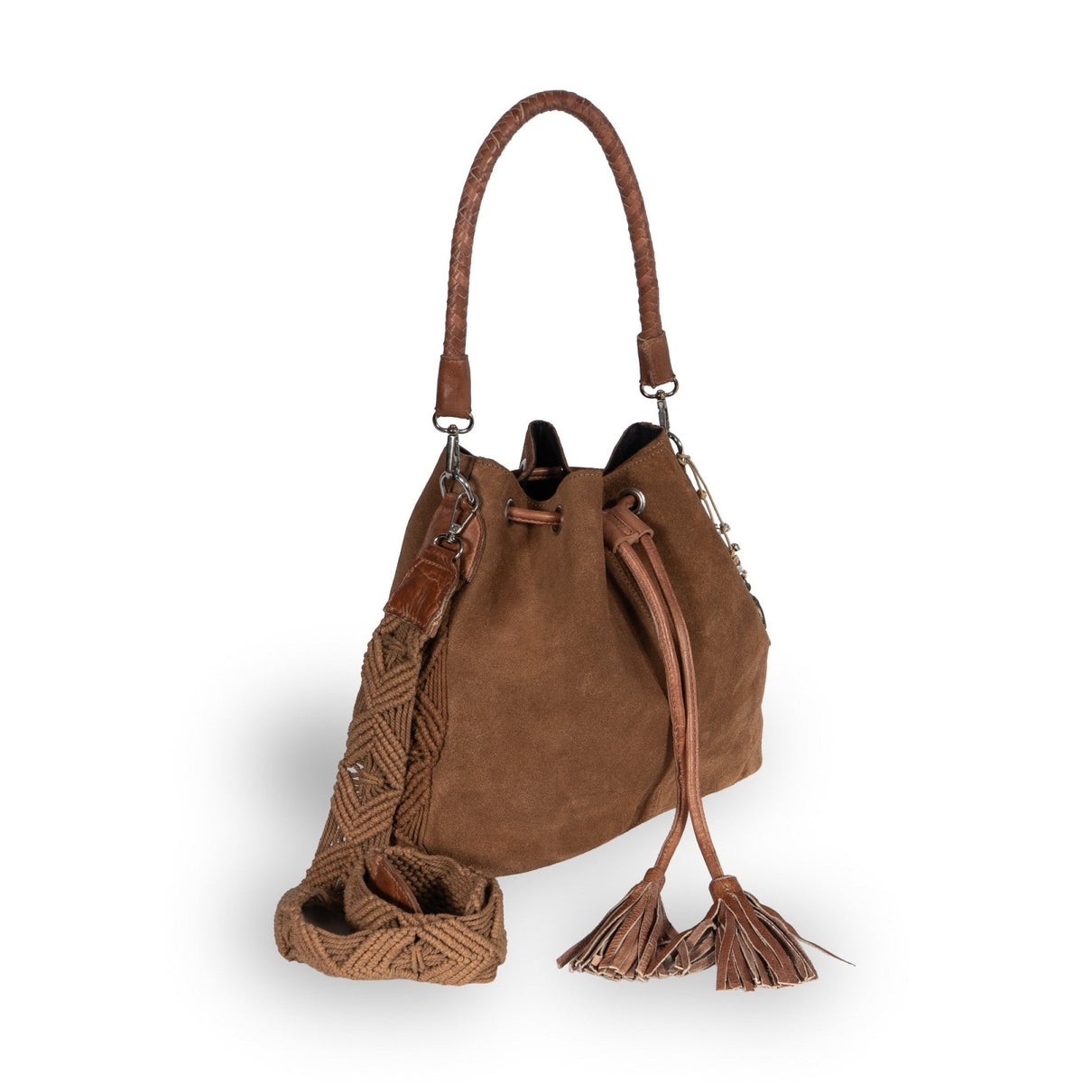 Beutel Handtasche Makramee Velourleder cognac - ANOKHI