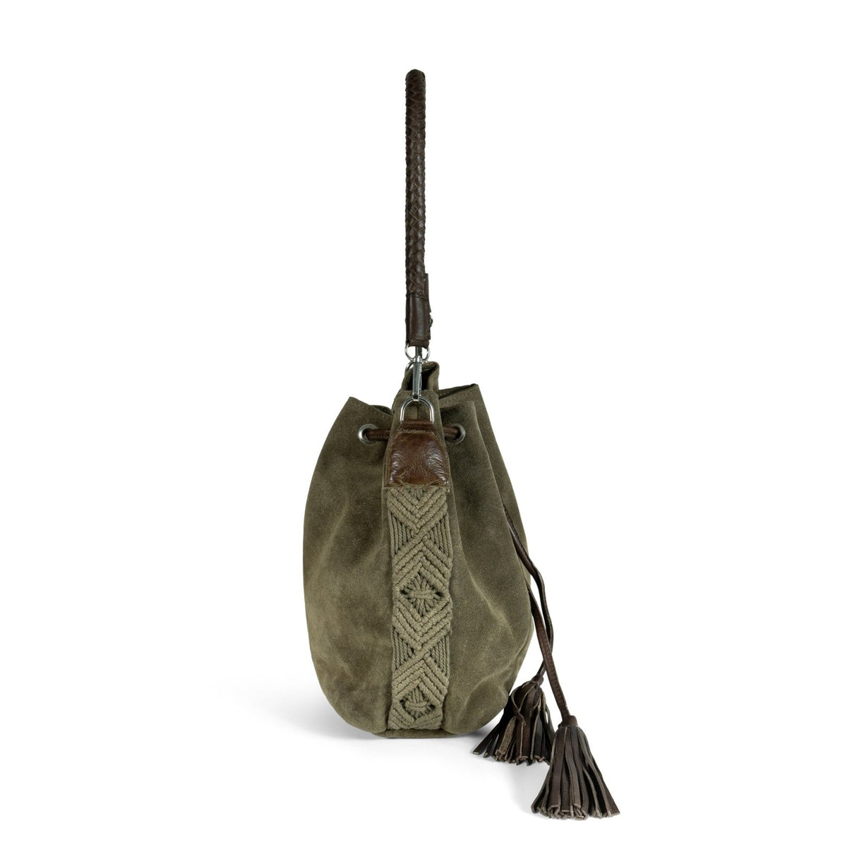 Beutel Handtasche Makramee Velourleder olive - ANOKHI