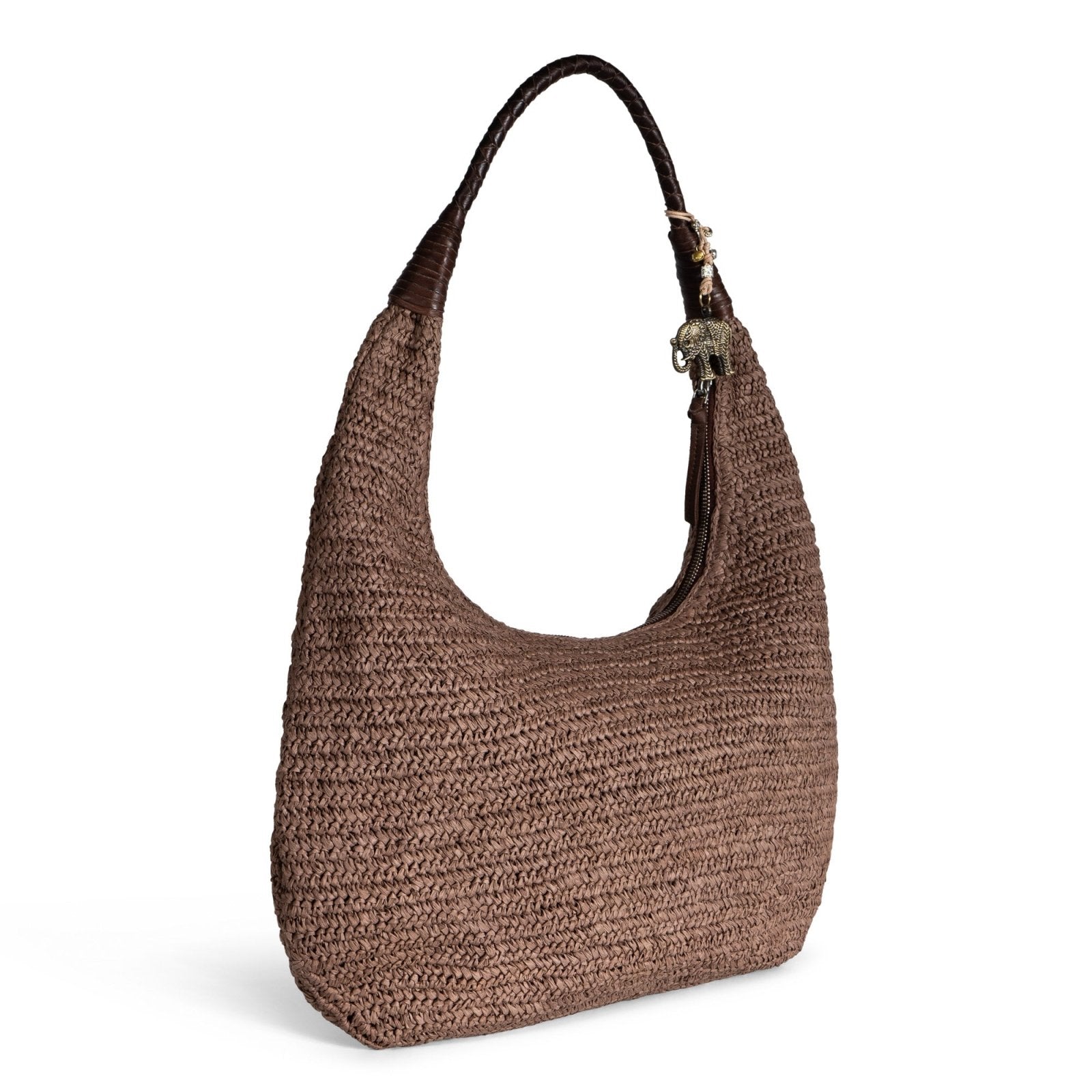 Beuteltasche aus Bast Handarbeit braun Lederhenkel - ANOKHI