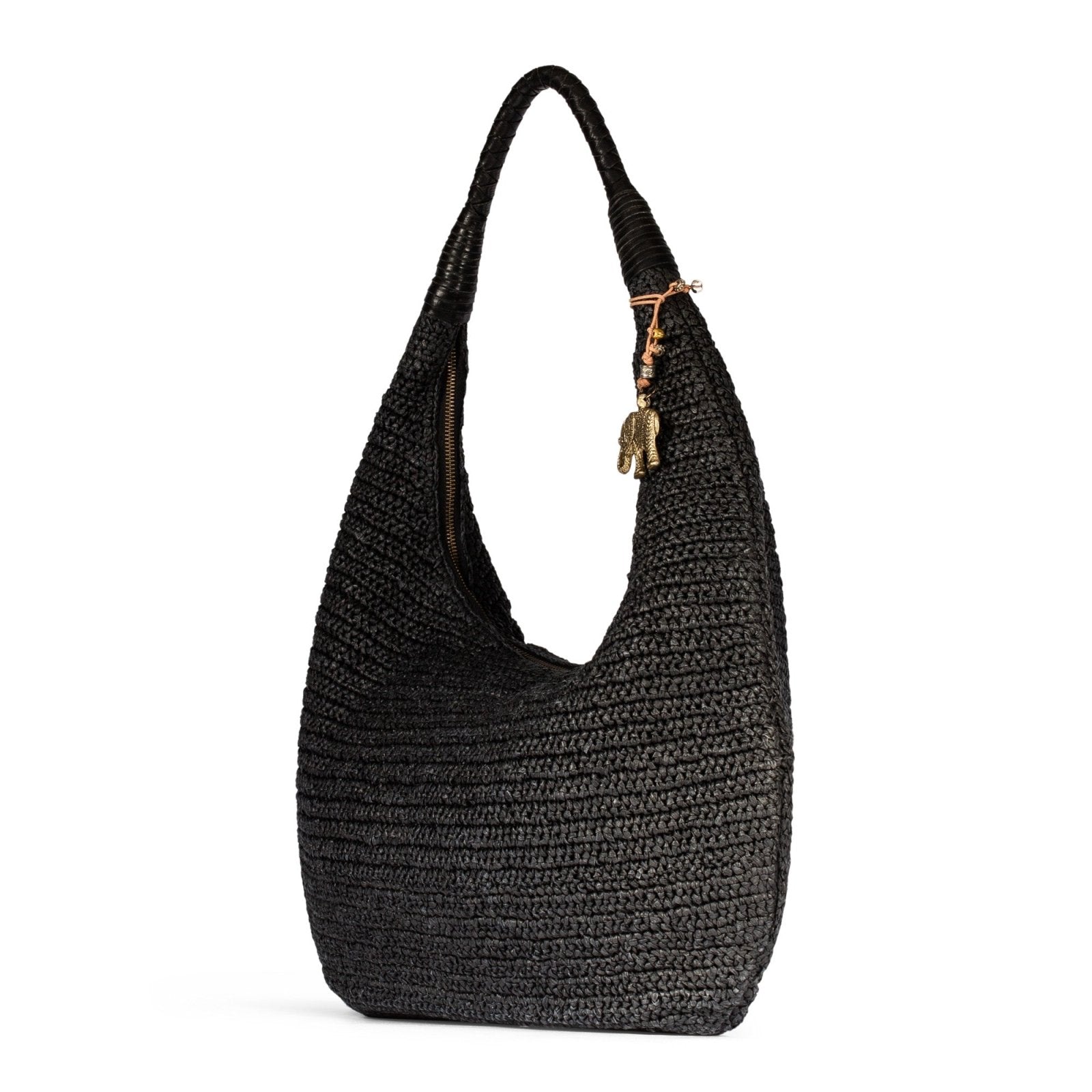 Beuteltasche aus Bast Handarbeit schwarz Lederhenkel - ANOKHI